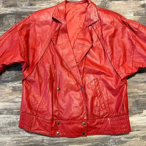 Vintage Echtes Leder Red Leather Bomber jacket - Picture 2 of 8